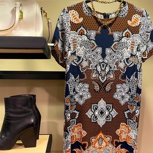 Mini Shift Dress w Fun Print | Exposed Zipper in Back | Black/White/Orange/Blue